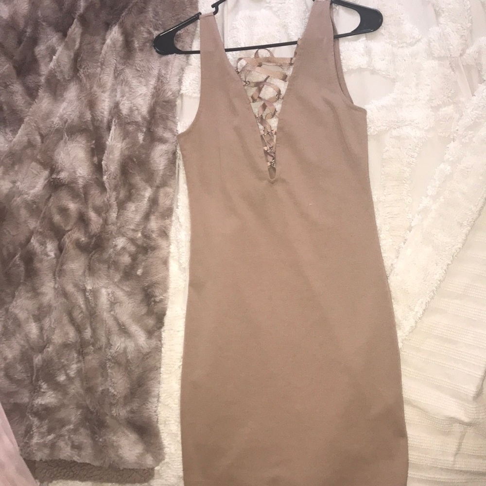 Lace up bodycon tan dress